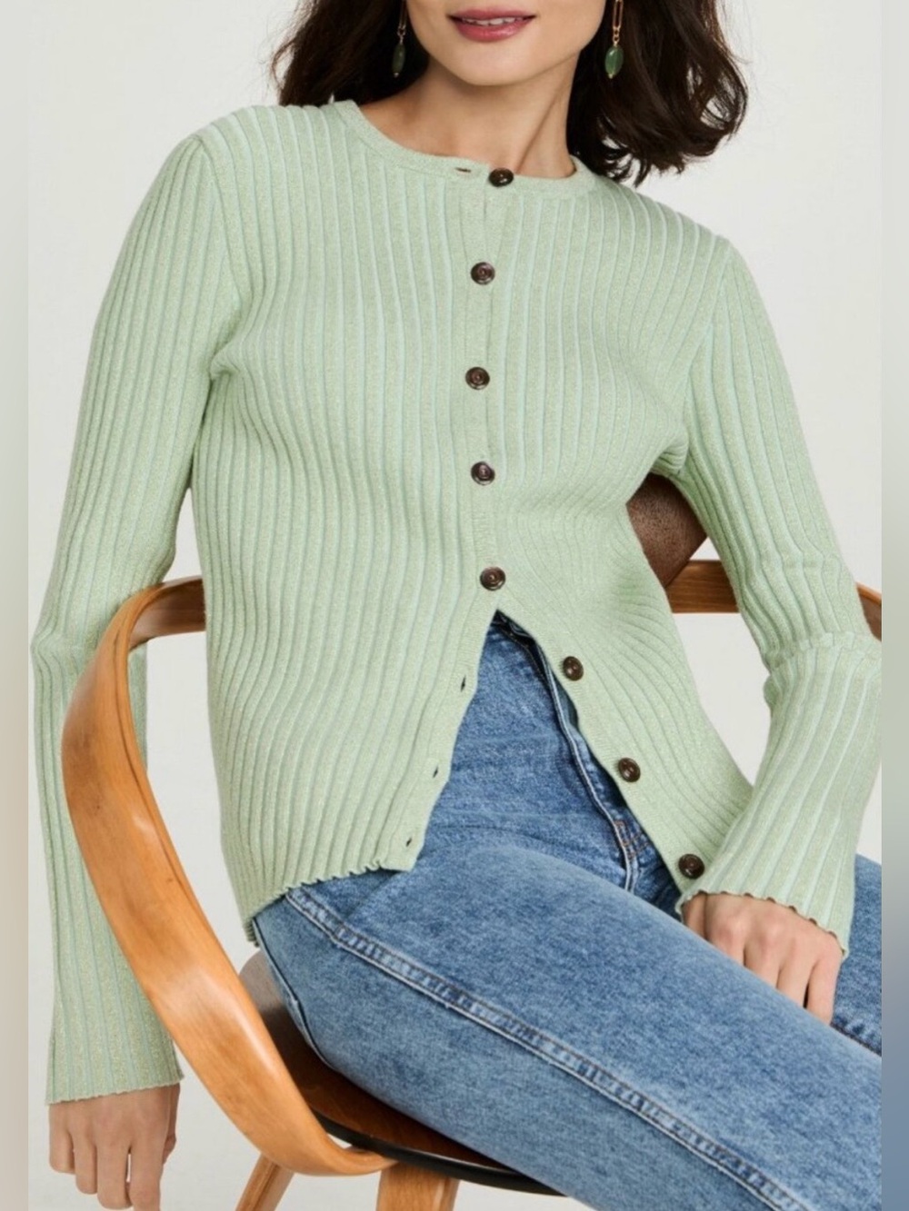 Tory Burch Metallic Lurex Striped Ribbed Cardigan Mint Green Size XXS
